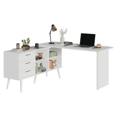 Mesa De Estudos Em L 3 Gavetas Branco Lisboa Madesa