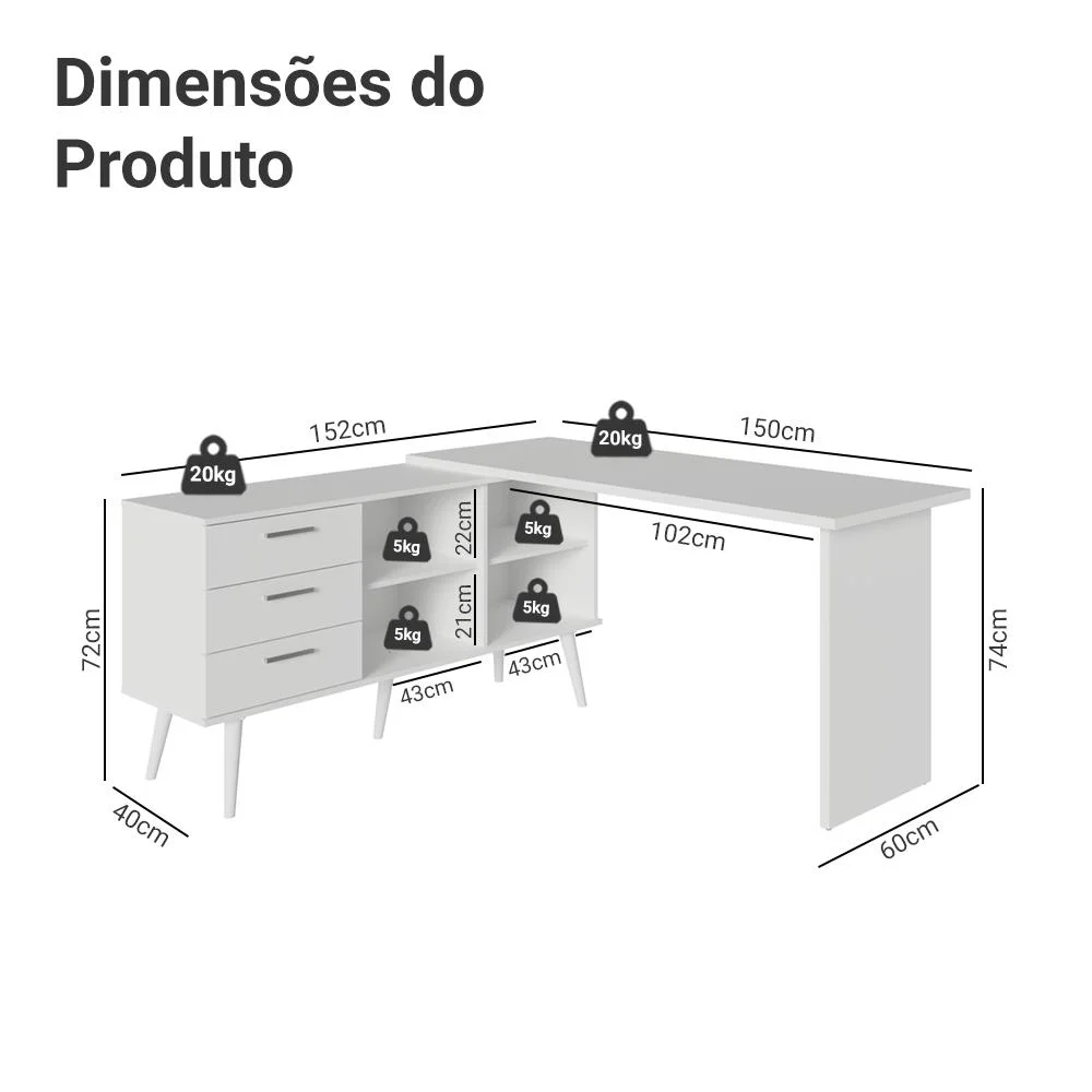 Imagem 2 de 5 do produto Mesa De Escritório Em L 3 Gavetas Branco Lisboa Madesa Xa