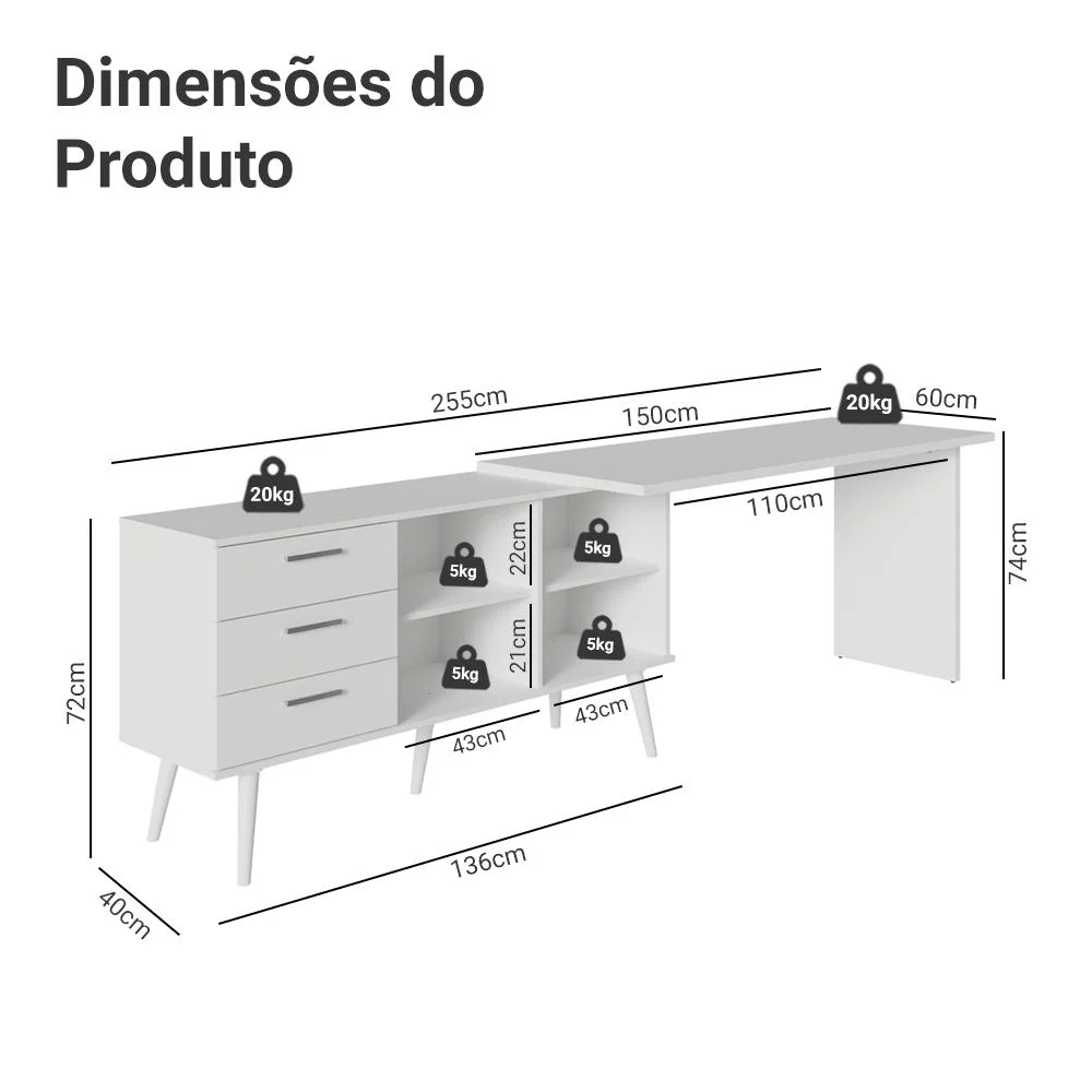 Imagem 4 de 5 do produto Mesa De Escritório Em L 3 Gavetas Branco Lisboa Madesa Xa