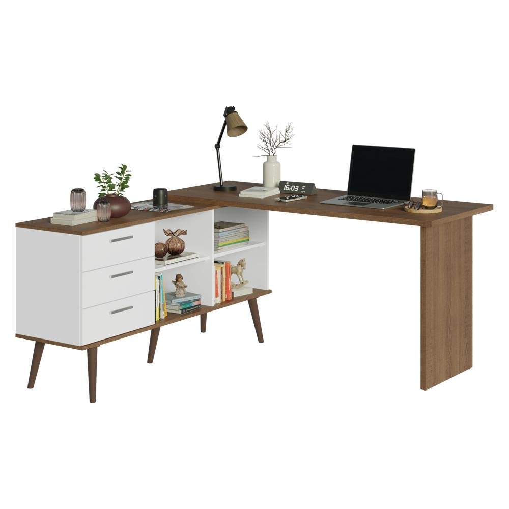 Mesa De Estudos Em L 3 Gavetas Branco/rustic Lisboa Madesa