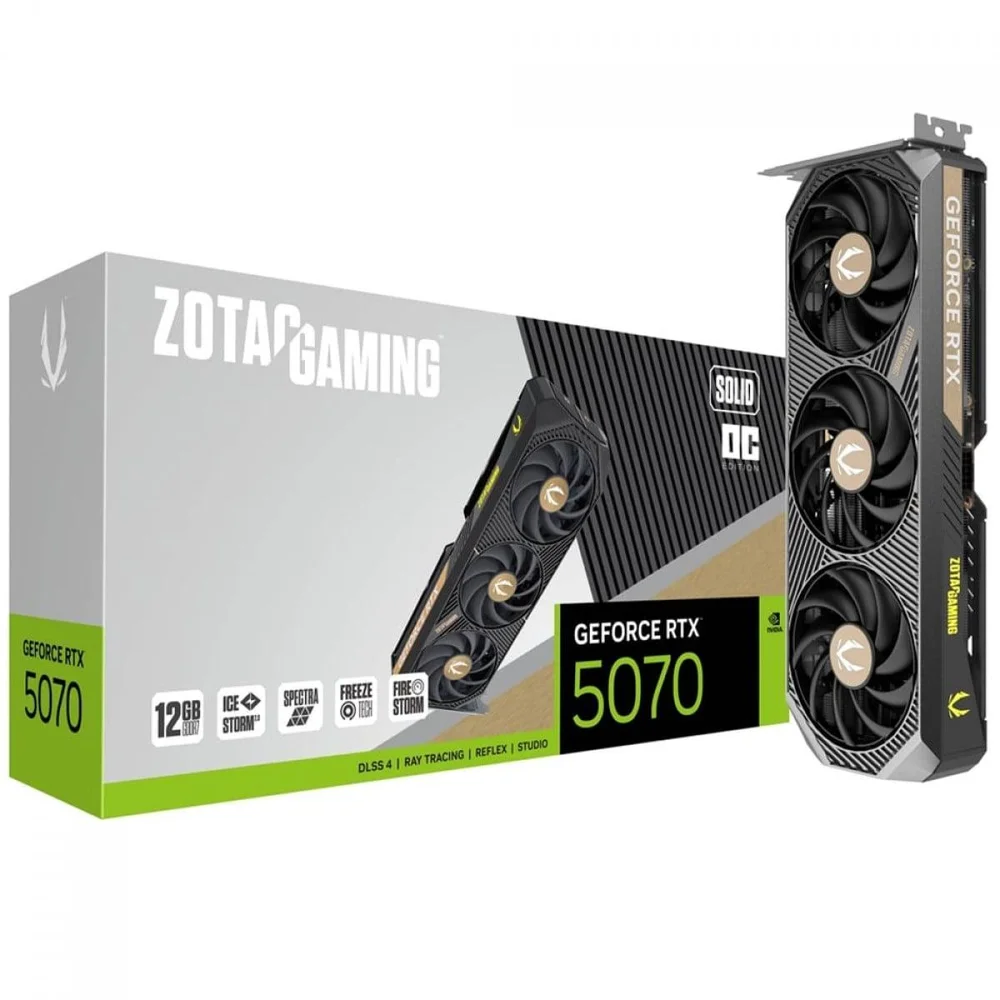Placa De Vídeo Zotac Gaming Nvidia Geforce RTX 5070 Solid Oc, 12gb, Gddr7, Dlss, Ray Tracing, Zt-b50700j-10p