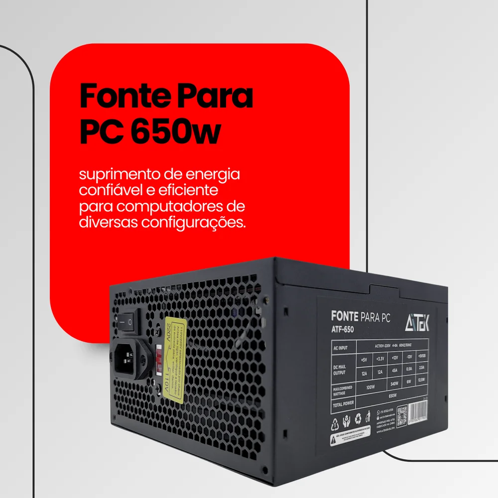 Imagem 2 de 5 do produto Fonte De Alimentação Para Computador PC Atx De 650w Real