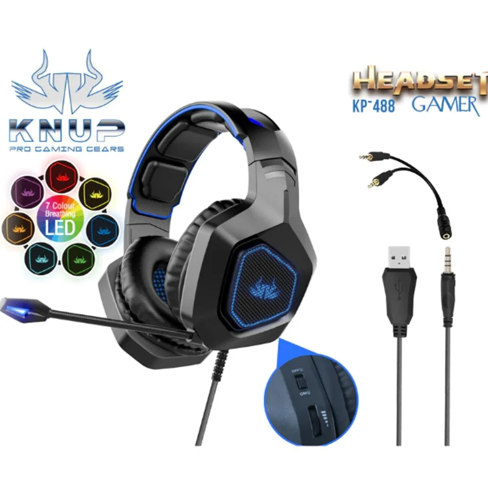Imagem 4 de 4 do produto Fone De Ouvido Gamer Com Fio RGB Superbass Knup 488 Cor Preto Azul