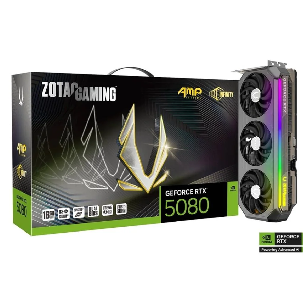 Placa De Vídeo Zotac RTX 5080 Amp, 16gb, Gddr7, 256 Bits, Displayport, HDMI, Uhbr, PCie, Preto