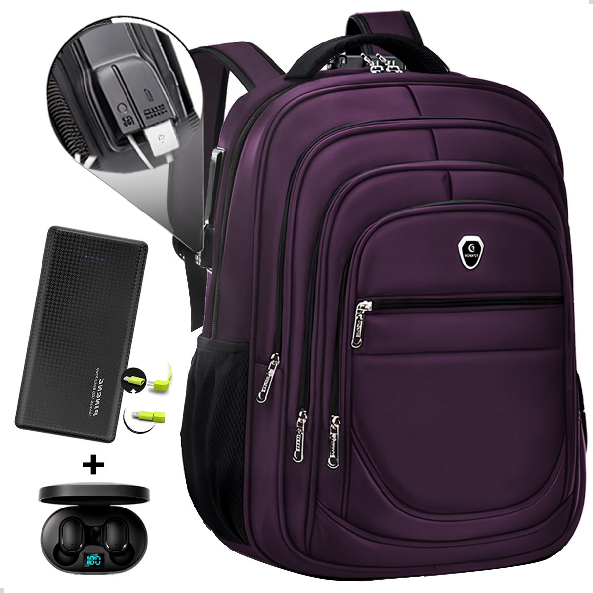 Kit Mochila Executiva Trabalho Saida Usb + Carregador Portátil + Fone De Ouvido Bluetooth (roxo+preto)
