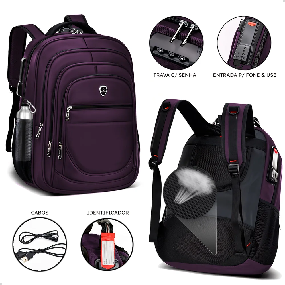 Imagem 2 de 5 do produto Kit Mochila Executiva Trabalho Saida Usb + Carregador Portátil + Fone De Ouvido Bluetooth (roxo+preto)