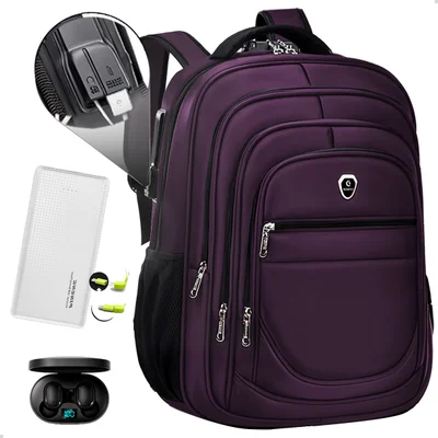 Kit Mochila Executiva Trabalho + Carregador Portátil + Fone De Ouvido Bluetooth (roxo+branco)