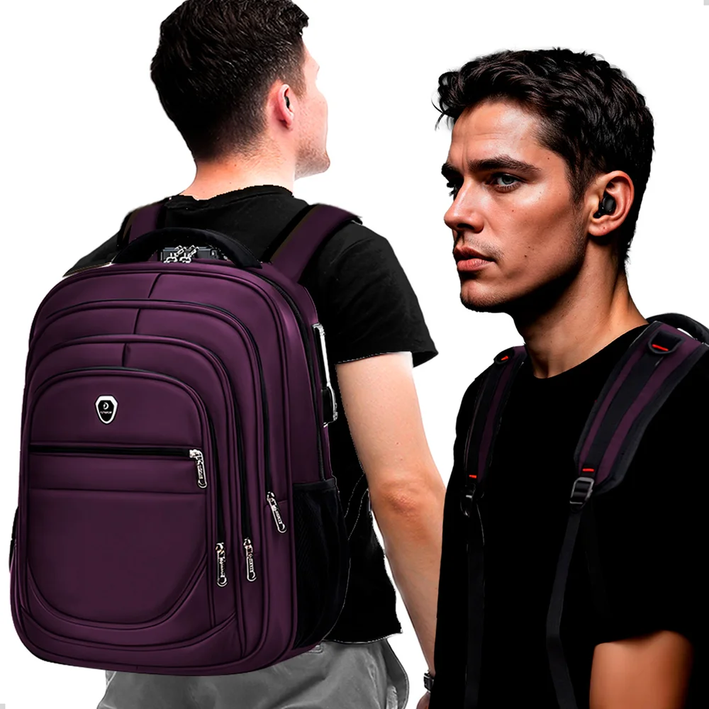 Imagem 3 de 5 do produto Kit Mochila Executiva Trabalho + Carregador Portátil + Fone De Ouvido Bluetooth (roxo+branco)