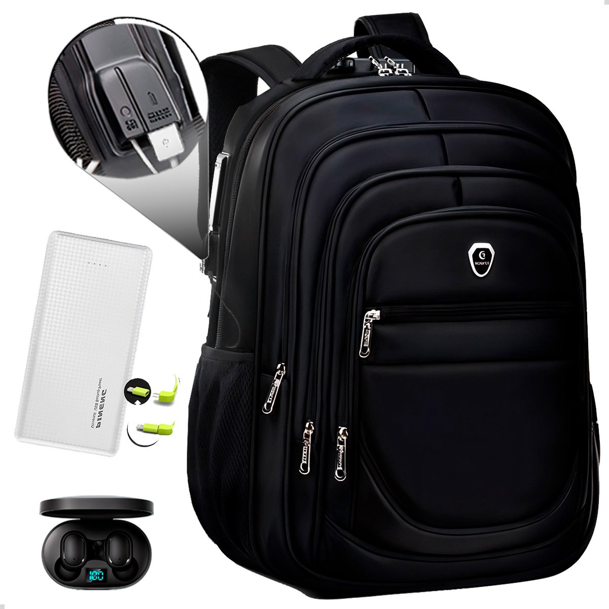 Kit Mochila Executiva Trabalho + Carregador Portátil + Fone De Ouvido Bluetooth (preto+branco)