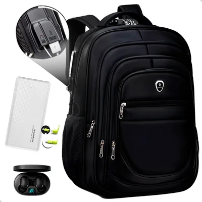 Kit Mochila Executiva Trabalho + Carregador Portátil + Fone De Ouvido Bluetooth (preto+branco)