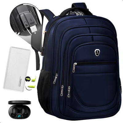 Kit Mochila Executiva Trabalho + Carregador Portátil + Fone De Ouvido Bluetooth (azul+branco)