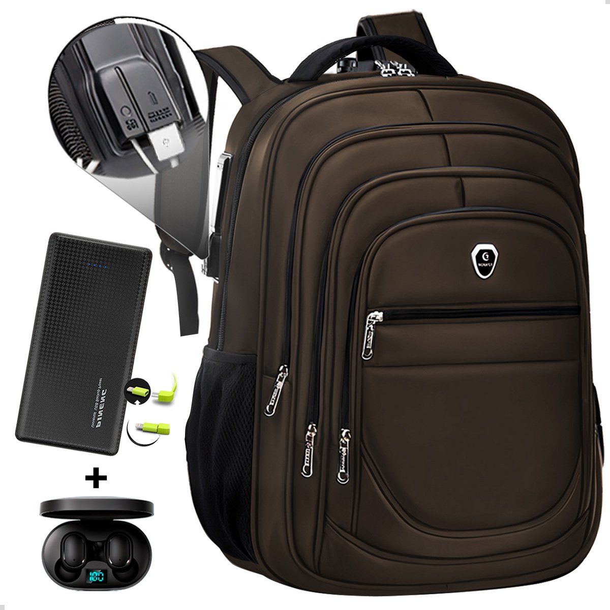 Kit Mochila Executiva Trabalho Saida Usb + Carregador Portátil + Fone De Ouvido Bluetooth (marrom+preto)