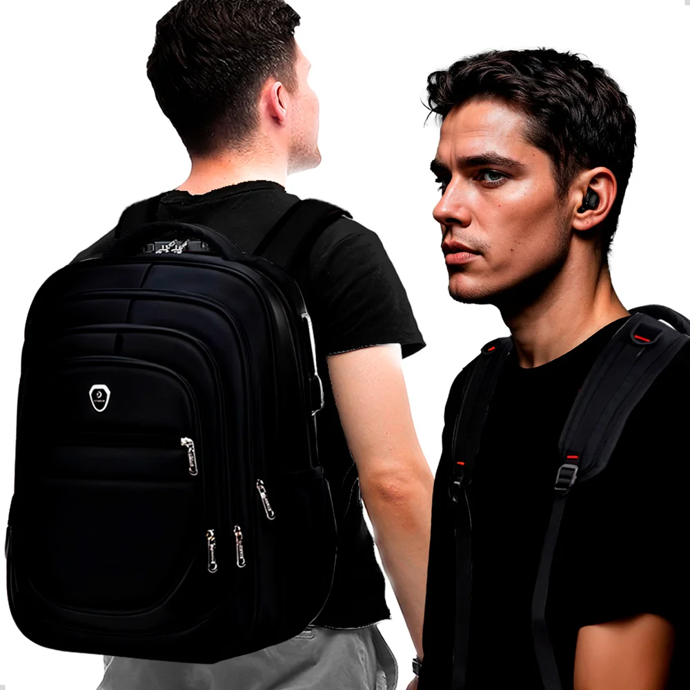 Imagem 3 de 5 do produto Kit Mochila Executiva Trabalho Saida Usb + Carregador Portátil + Fone De Ouvido Bluetooth (preto+preto)