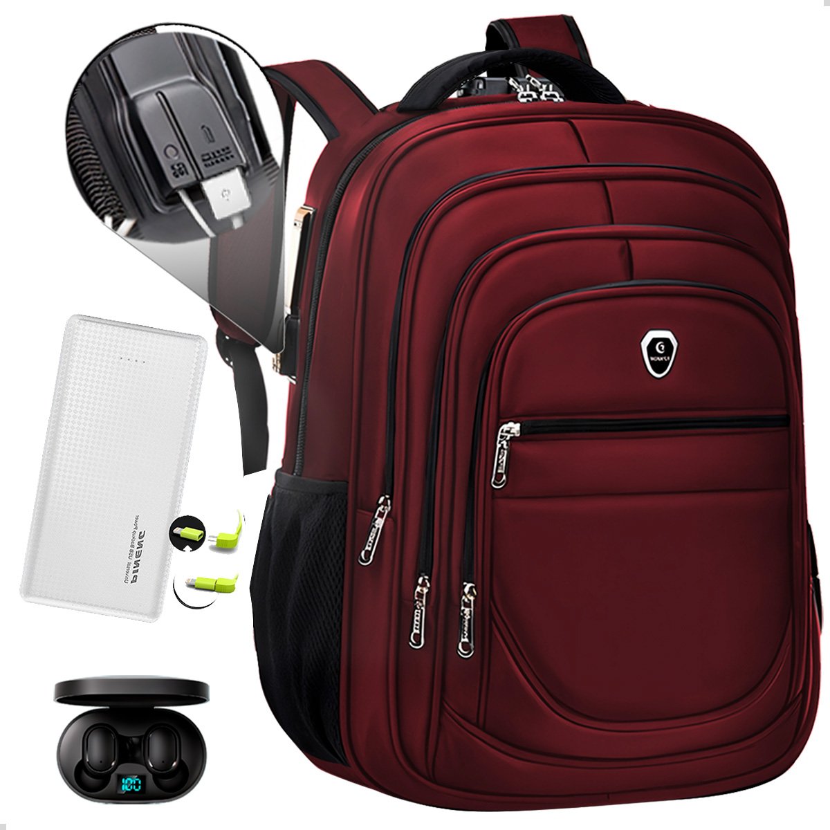 Kit Mochila Executiva Trabalho + Carregador Portátil + Fone De Ouvido Bluetooth (vermelho+branco)