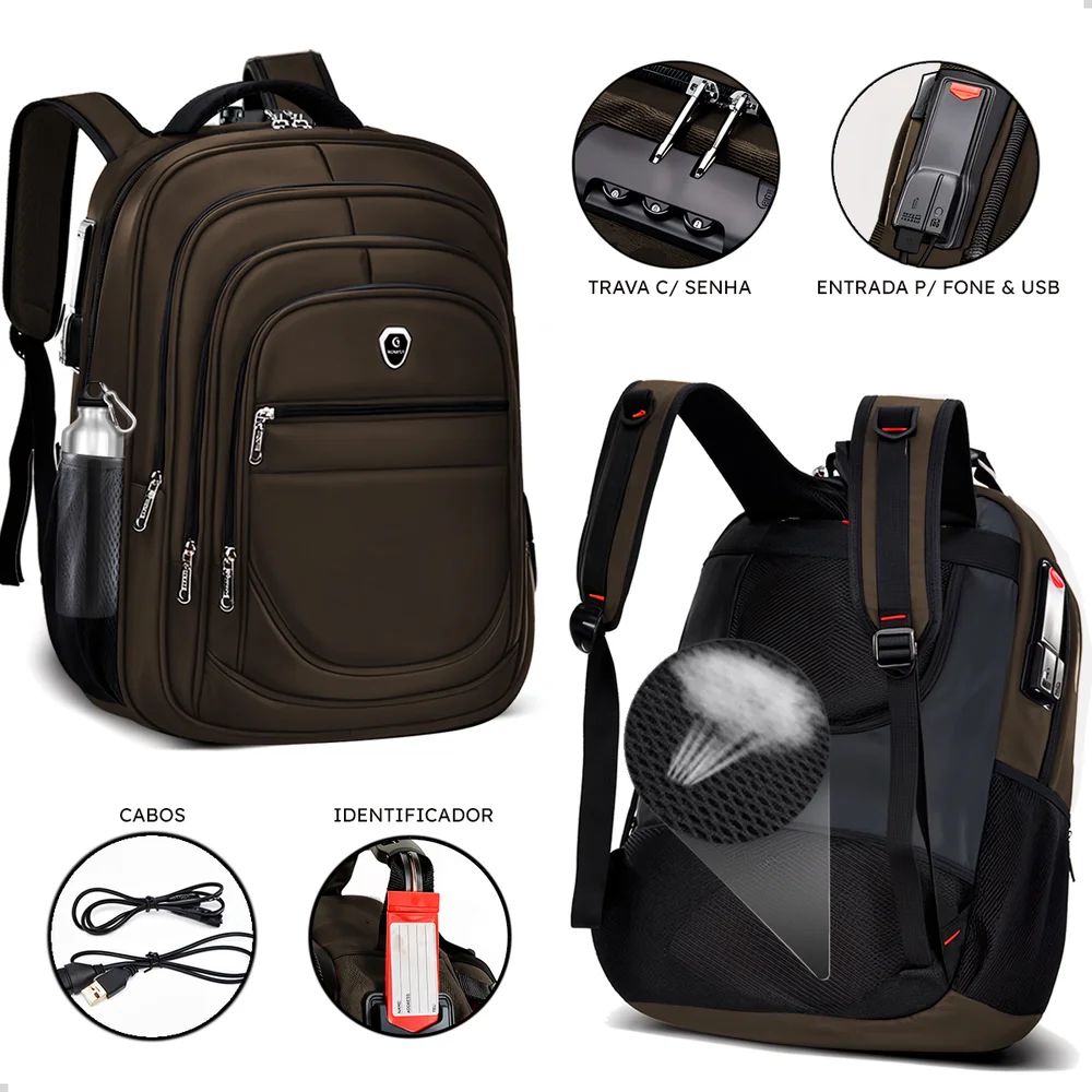 Imagem 2 de 5 do produto Kit Mochila Executiva Trabalho + Carregador Portátil + Fone De Ouvido Bluetooth (marrom+branco)