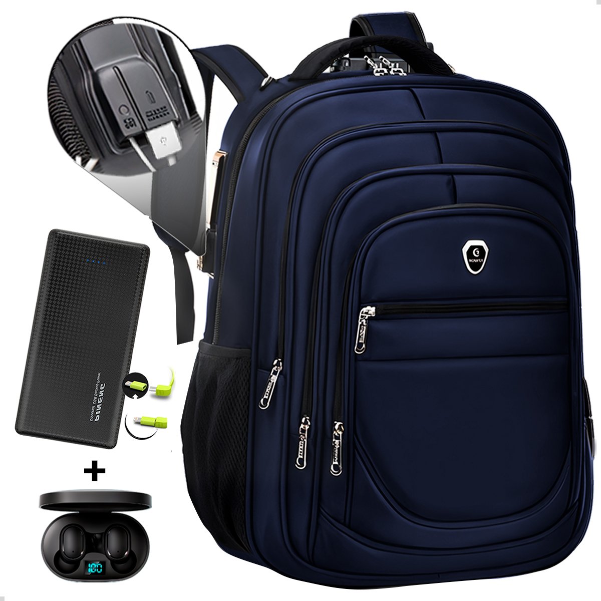 Kit Mochila Executiva Trabalho Saida Usb + Carregador Portátil + Fone De Ouvido Bluetooth (azul+preto)