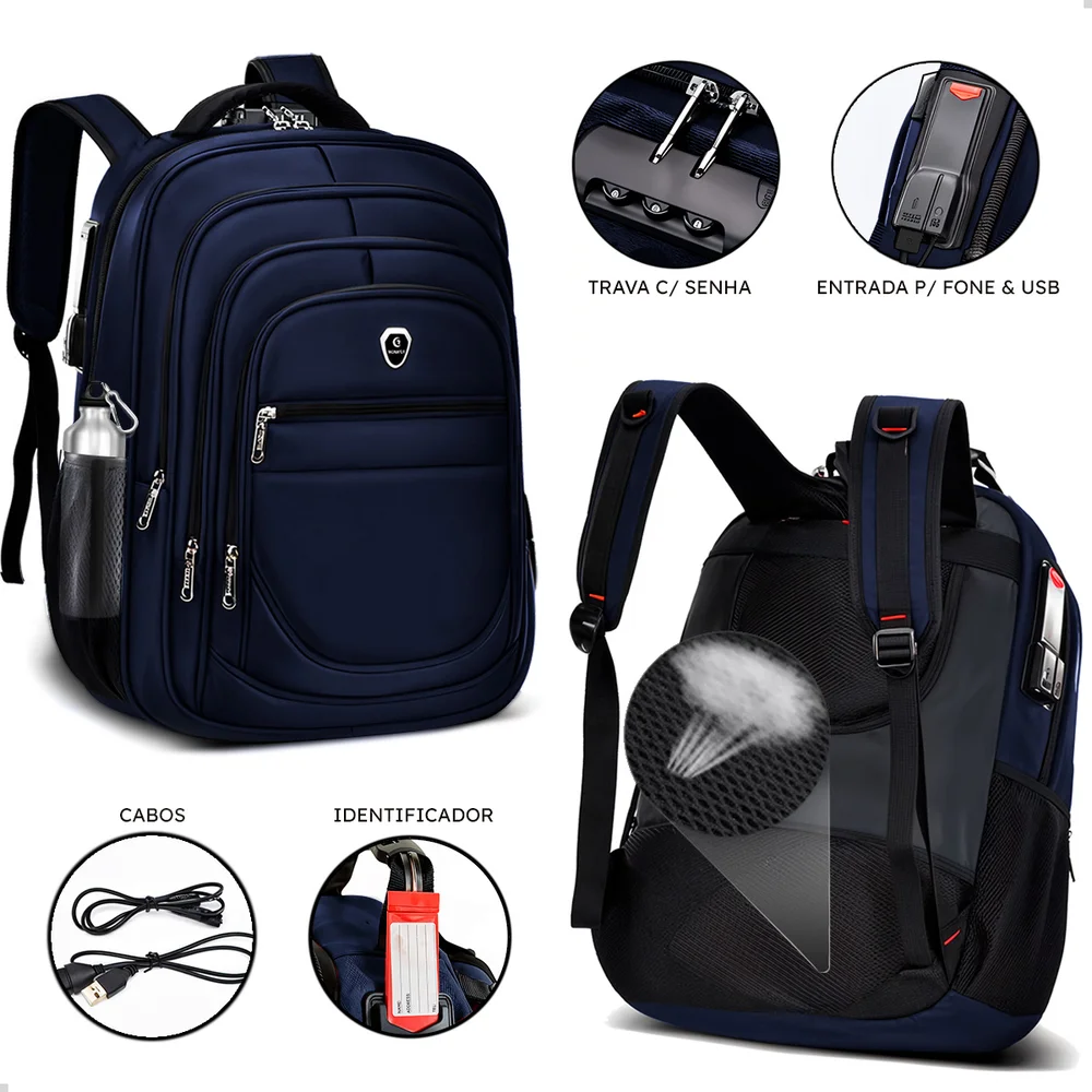 Imagem 2 de 5 do produto Kit Mochila Executiva Trabalho Saida Usb + Carregador Portátil + Fone De Ouvido Bluetooth (azul+preto)