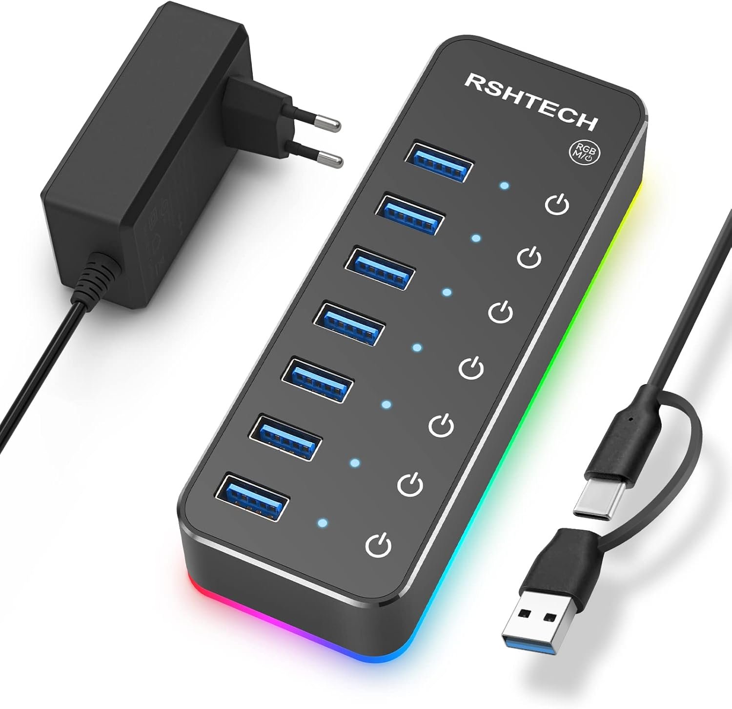 Hub De 7 Portas Usb 3.0 RGB De Alumínio Interruptor Touch
