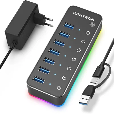 Hub De 7 Portas Usb 3.0 RGB De Alumínio Interruptor Touch
