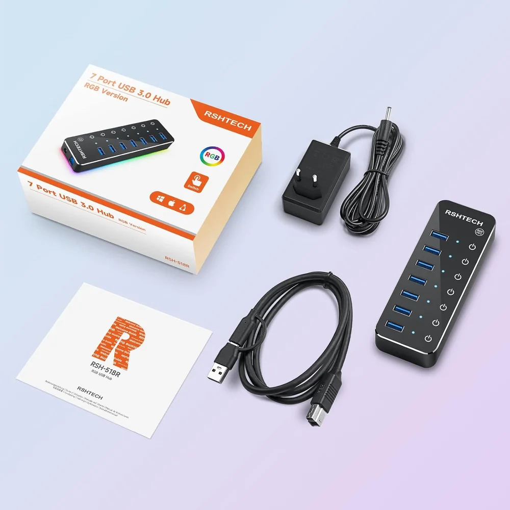 Imagem 2 de 5 do produto Hub De 7 Portas Usb 3.0 RGB De Alumínio Interruptor Touch