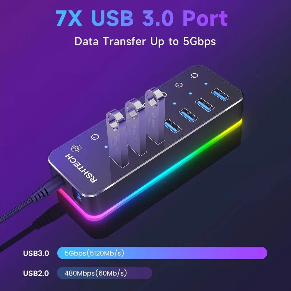 Imagem 3 de 5 do produto Hub De 7 Portas Usb 3.0 RGB De Alumínio Interruptor Touch