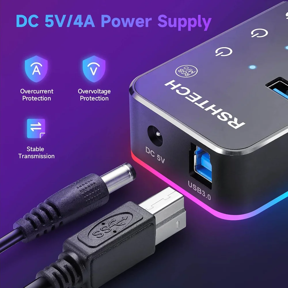 Imagem 4 de 5 do produto Hub De 7 Portas Usb 3.0 RGB De Alumínio Interruptor Touch