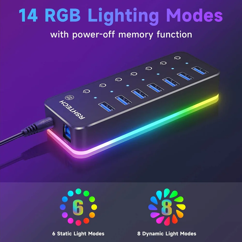 Imagem 5 de 5 do produto Hub De 7 Portas Usb 3.0 RGB De Alumínio Interruptor Touch