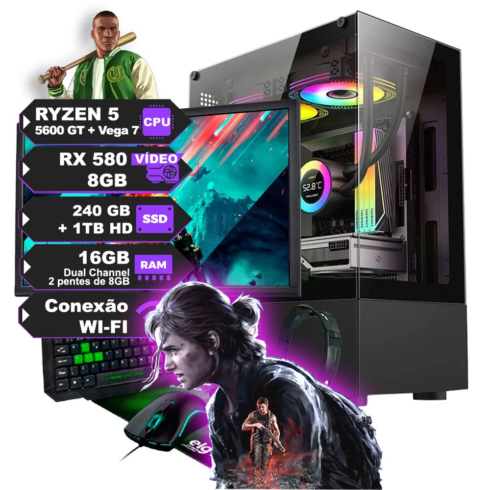 PC Gamer Completo Ryzen 5600gt Rx580 8GB Hd 1TB