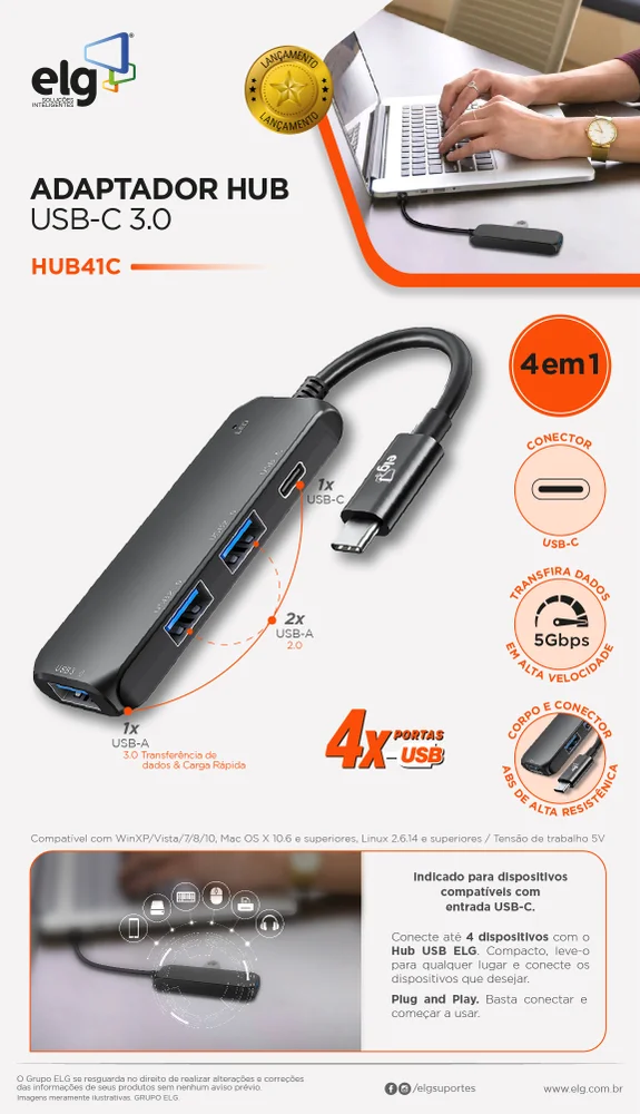 Imagem 4 de 5 do produto Adaptador Hub Usb-c 3.0, Expansão Com 4 Portas (usb-c + 3x Usb-a), Transferência 5gbps, Preto, Hub41c, Elg