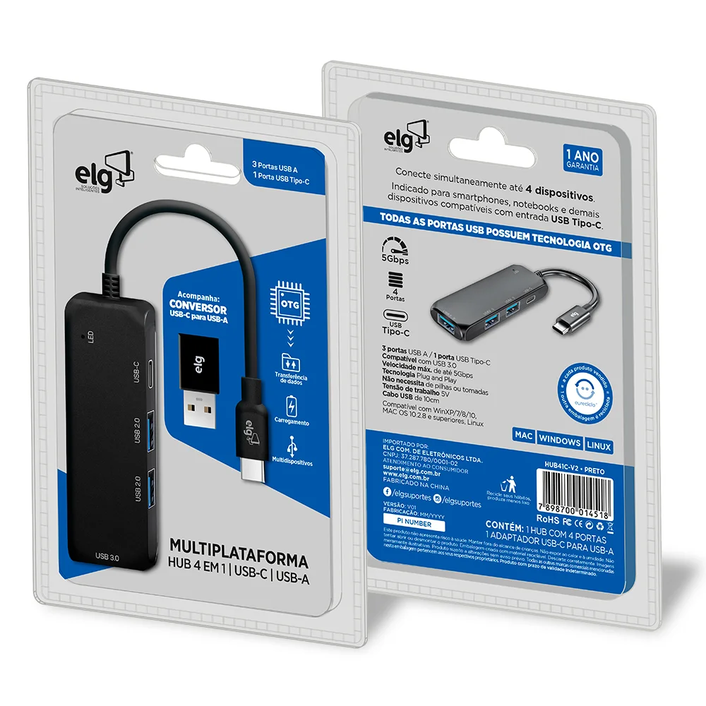 Imagem 5 de 5 do produto Adaptador Hub Usb-c 3.0, Expansão Com 4 Portas (usb-c + 3x Usb-a), Transferência 5gbps, Preto, Hub41c, Elg