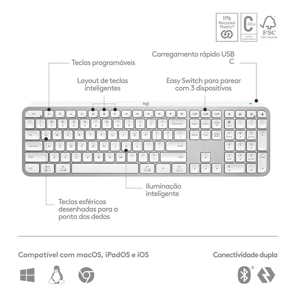 Teclado Logitech Mx Keys S Cinza Claro Us 920-011564-c