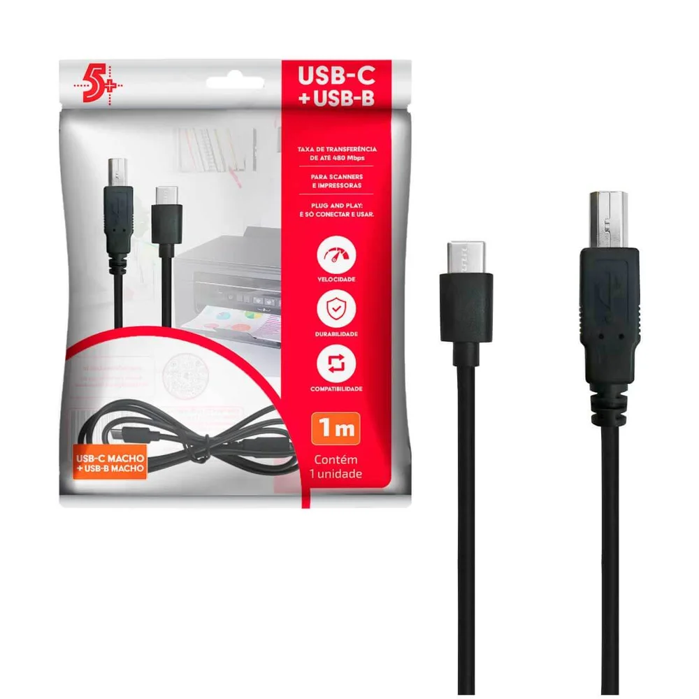 Imagem 2 de 4 do produto Cabo De Impressora Usb-c 2.0 Para Usb-b Preto De 1 Metro