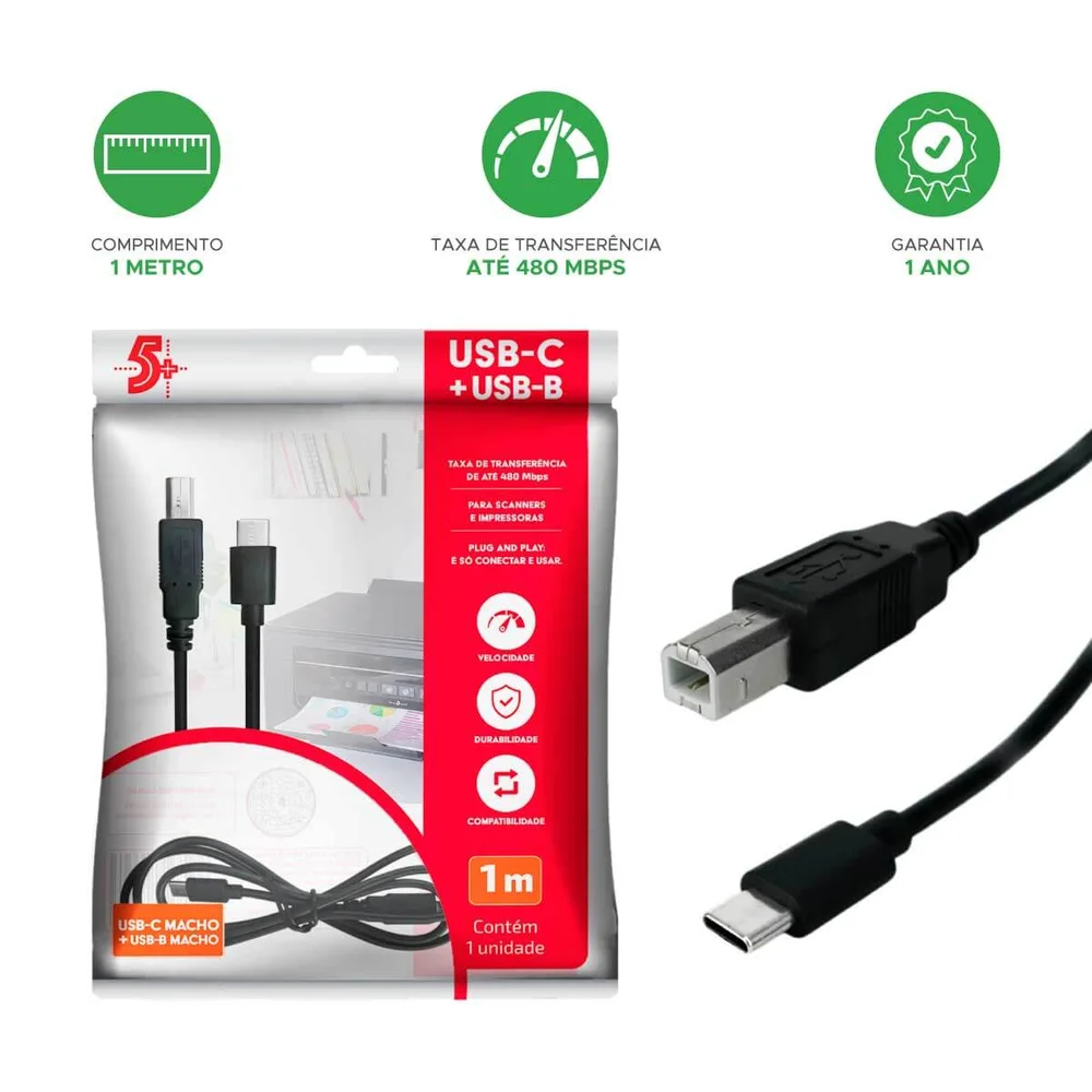 Imagem 3 de 4 do produto Cabo De Impressora Usb-c 2.0 Para Usb-b Preto De 1 Metro