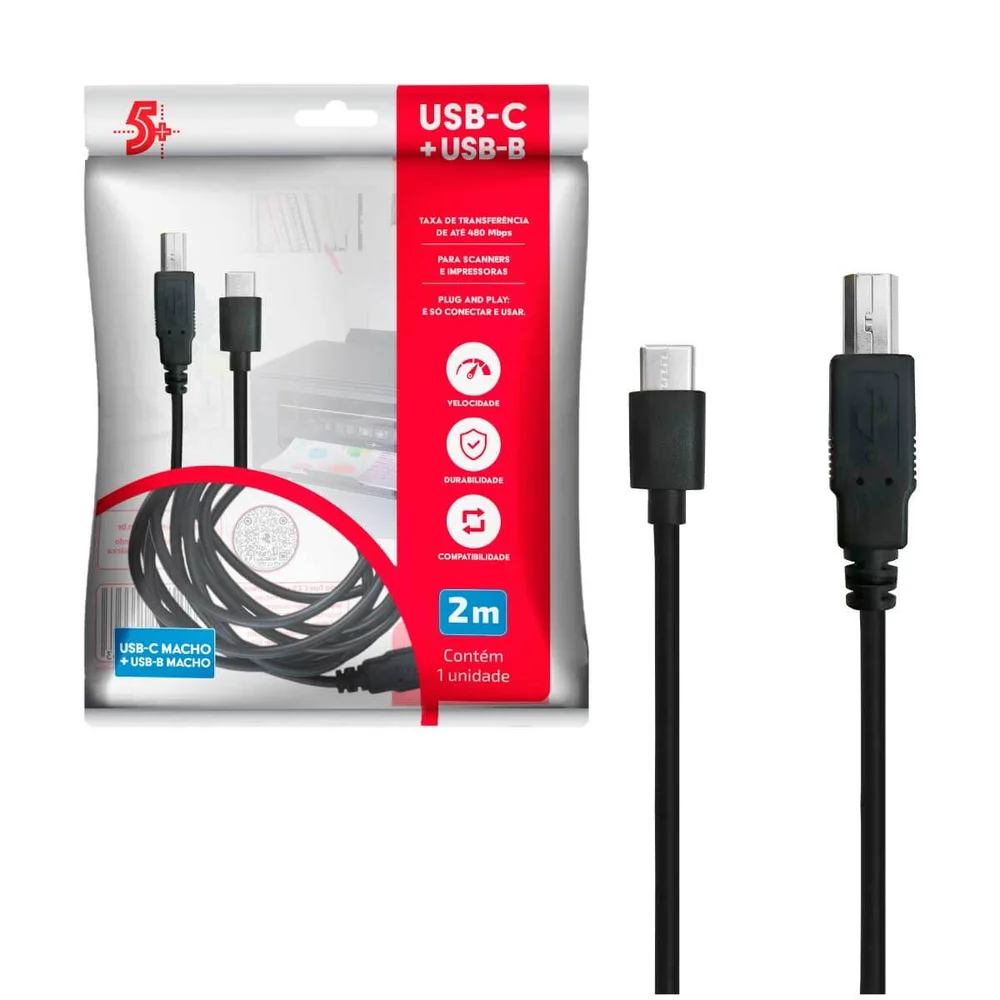 Imagem 3 de 4 do produto Cabo De Impressora Usb-c 2.0 Para Usb-b Preto De 2 Metros