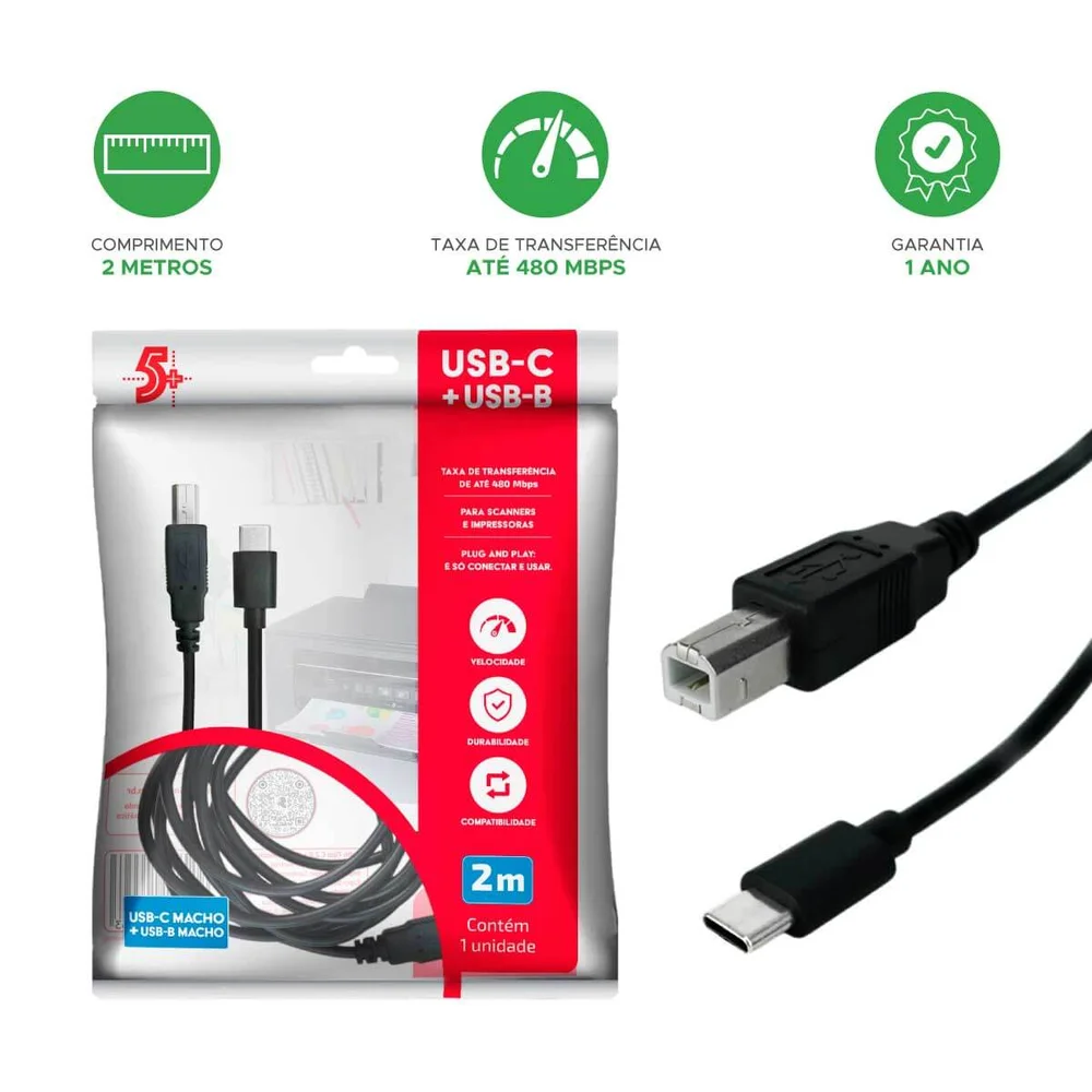Imagem 4 de 4 do produto Cabo De Impressora Usb-c 2.0 Para Usb-b Preto De 2 Metros