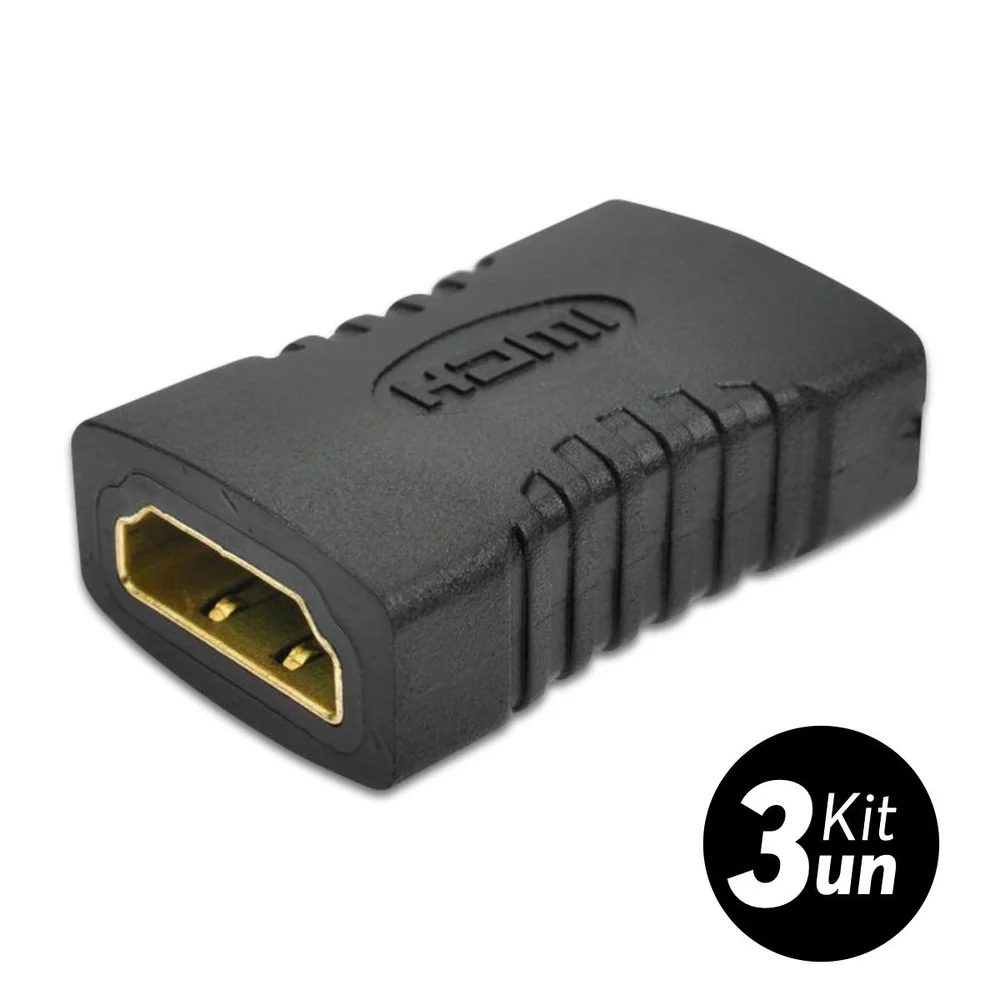 Kit 3x Adaptador Emenda HDMI Fêmea para HDMI Fêmea, Alongar Cabo Prolongador Junção, Conector Extensor Universal, TV, Monitor, Notebook, Projetor