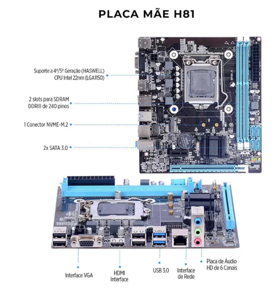 Placa Mãe LGA 1150 Chipset Intel H81 16gb Ddr3 Nvme Usb 3.0 HDMI 7