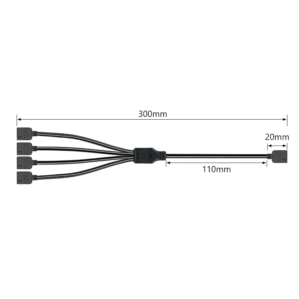 Imagem 2 de 5 do produto Cabo Splitter ARGB 5V 3 Pinos, 1 para 4 Portas, Compatível com Cooler Fan e Fita de LED, Preto, Extensor 30cm