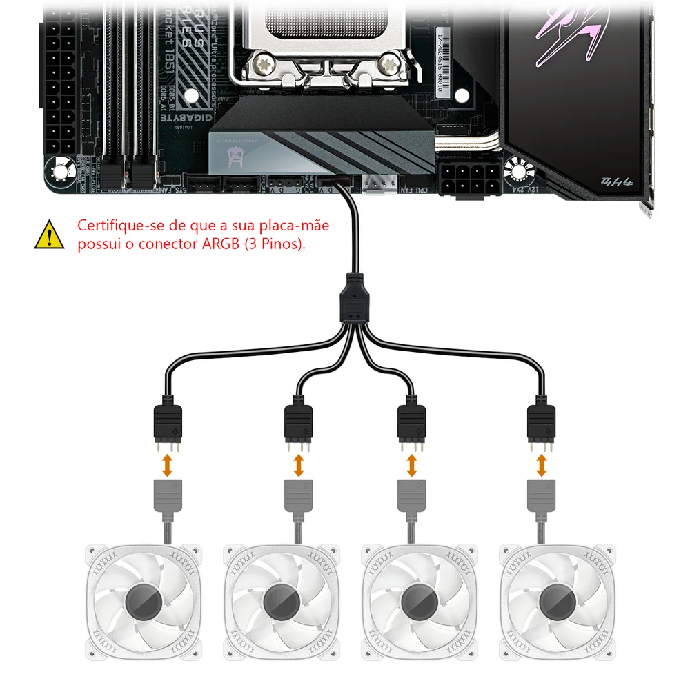 Imagem 4 de 5 do produto Cabo Splitter ARGB 5V 3 Pinos, 1 para 4 Portas, Compatível com Cooler Fan e Fita de LED, Preto, Extensor 30cm