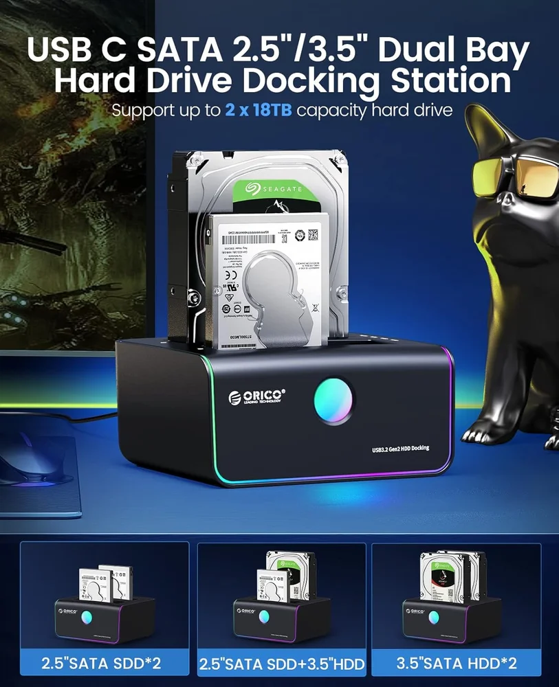 Imagem 2 de 5 do produto Dock Station Sata 2.5 E 3.5 Com 2 Entradas RGB Usb 3.2 Gen2 10gbps - Função Clone Offline
