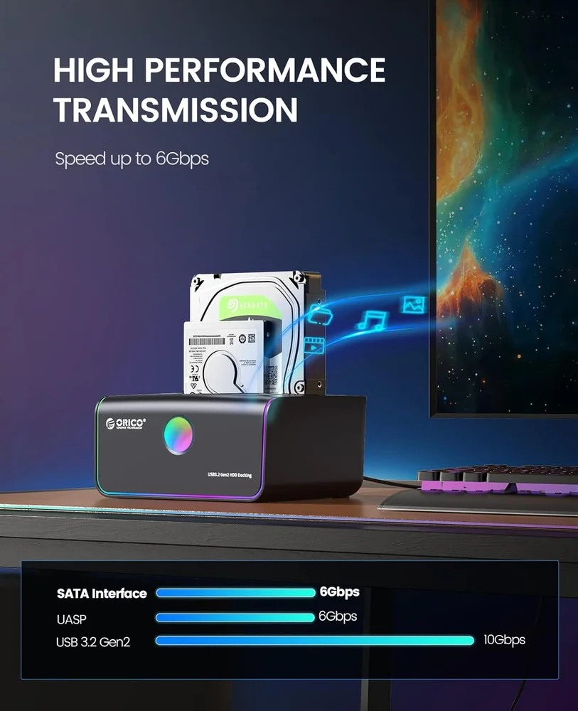 Imagem 3 de 5 do produto Dock Station Sata 2.5 E 3.5 Com 2 Entradas RGB Usb 3.2 Gen2 10gbps - Função Clone Offline