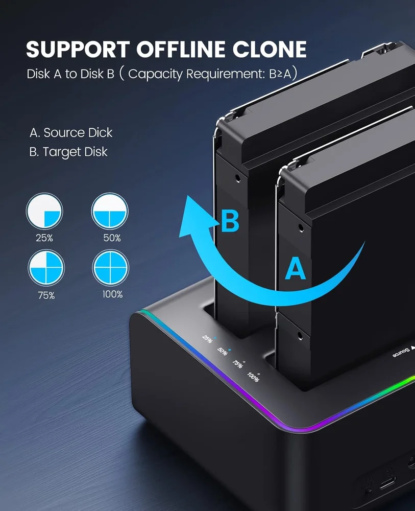 Imagem 5 de 5 do produto Dock Station Sata 2.5 E 3.5 Com 2 Entradas RGB Usb 3.2 Gen2 10gbps - Função Clone Offline