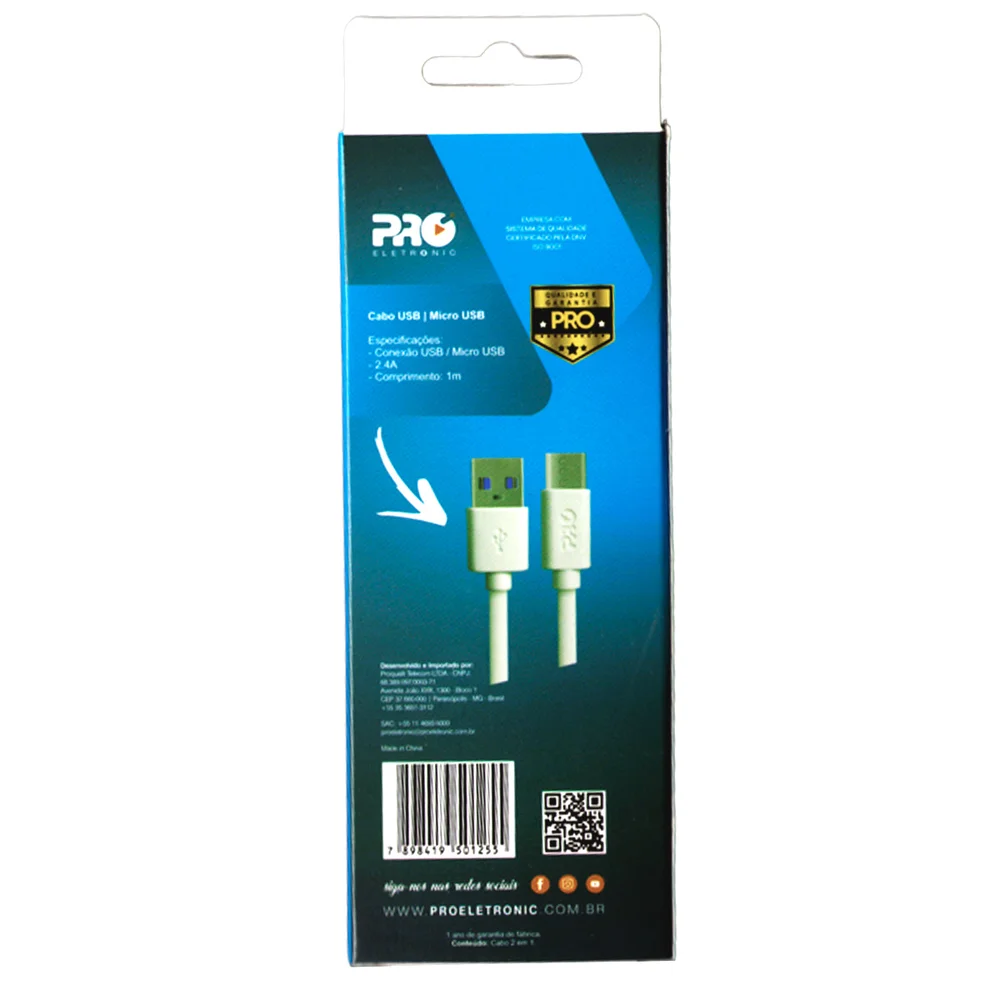 Imagem 3 de 4 do produto Cabo De Dados E Carregamento Micro Usb Macho X Usb Macho 1 Metro Branco Pro Eletronic Causb-100m