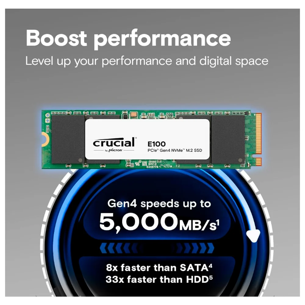 Imagem 3 de 5 do produto SSD 1TB Crucial E100, M.2 2280 NVMe PCie Gen 4x4, Leitura 5000MB/s, Gravação 4500MB/s - Ct1000e100ssd8