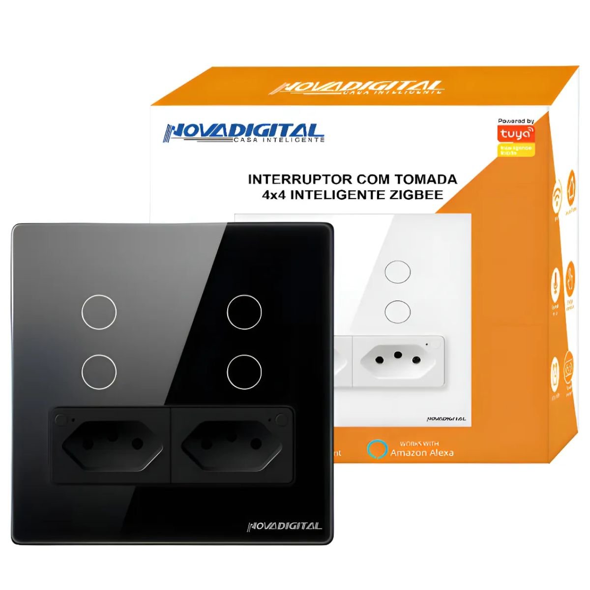 Interruptor Inteligente Zigbee 4 Teclas Botões 2 Tomada 4x4 Novadigital Tuya Smart Life Alexa Google Preto