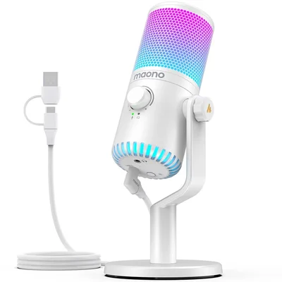 Microfone Condensador Usb Gamer RGB Programavel Branco Maono