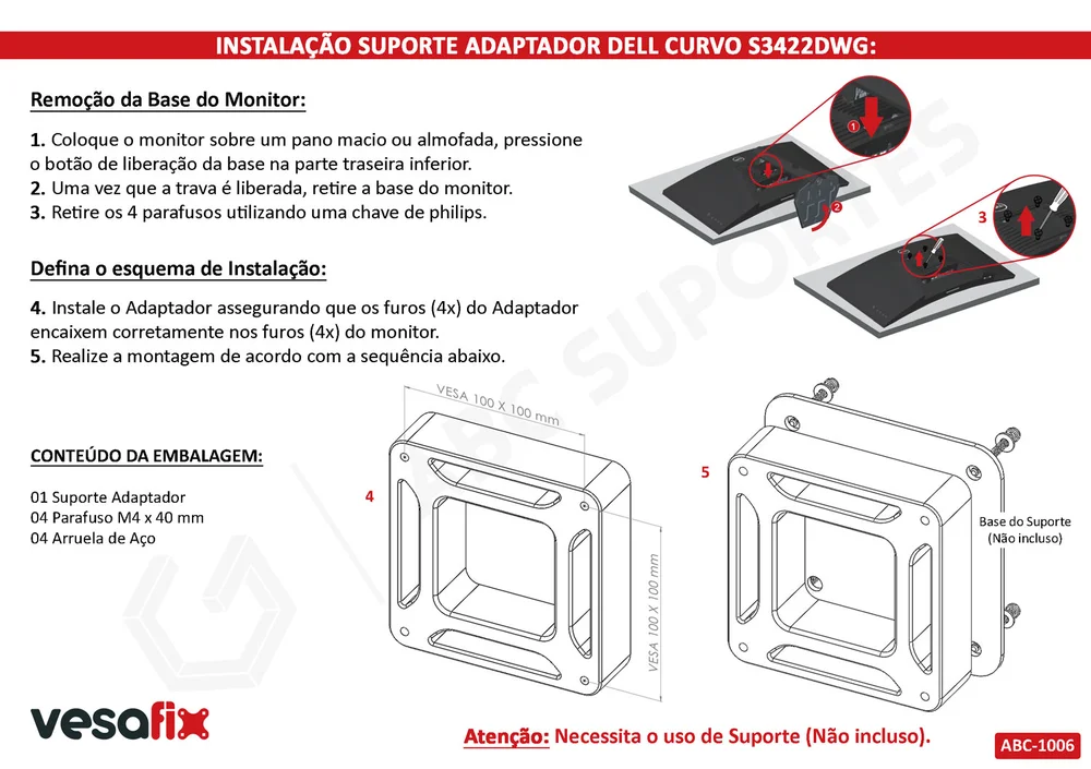 Imagem 4 de 4 do produto Adaptador Vesa 100x100mm Monitor Dell Curvo Wqhd S3422dwg