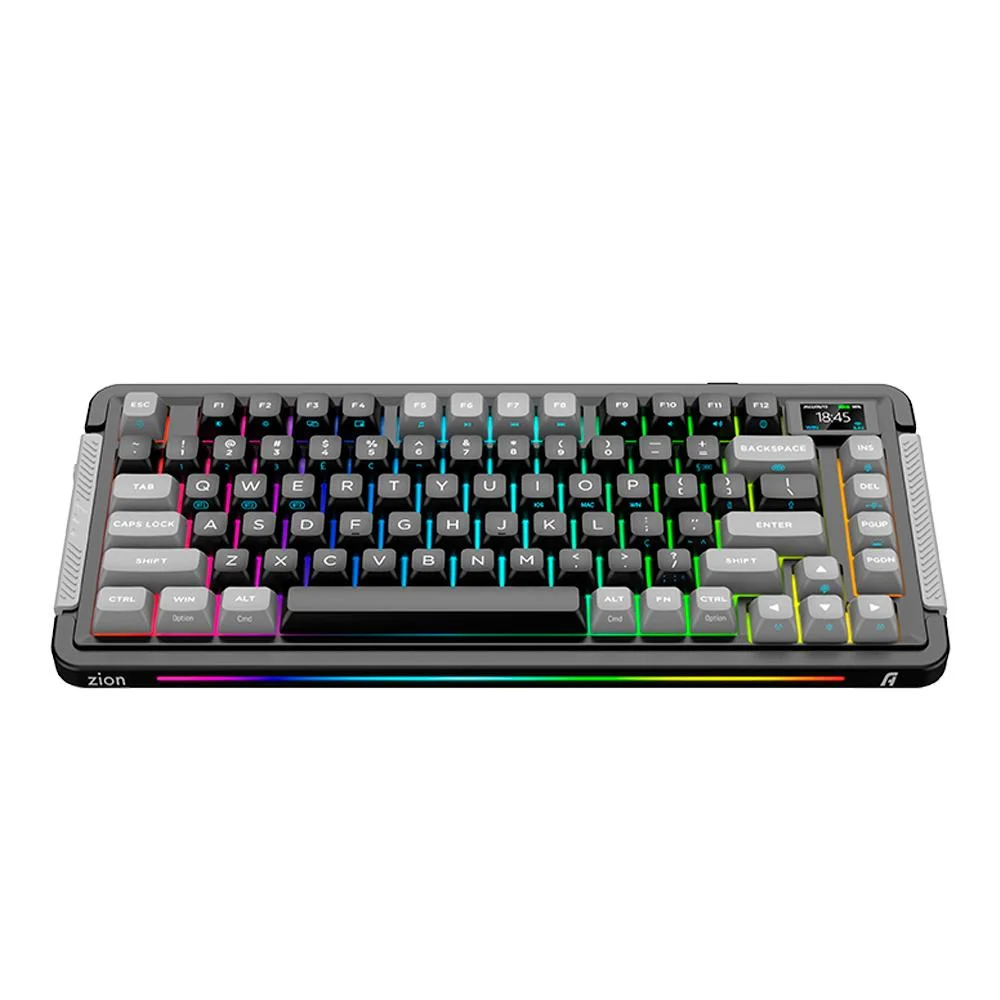 Imagem 2 de 5 do produto Teclado Gamer Sem fio Mecanico Aplus Zion com Tela LCD, Gasket, Switch Gateron Yellow, RGB, Hotswap, Bluetooth/Wi-Fi/USB,TKL 75% US AKW500 - Preto