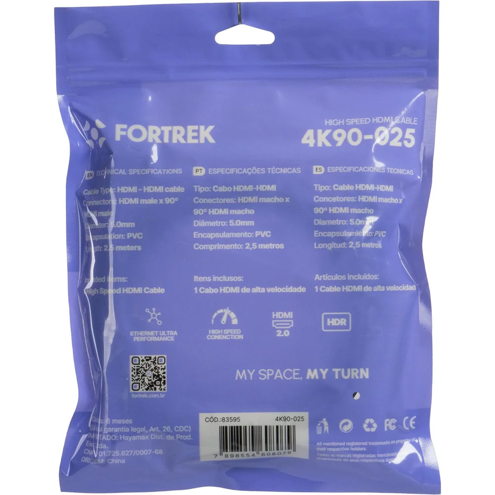 Imagem 3 de 5 do produto Cabo HDMI X HDMI 2,5m 90 Graus 4k90-025 4k Fortrek