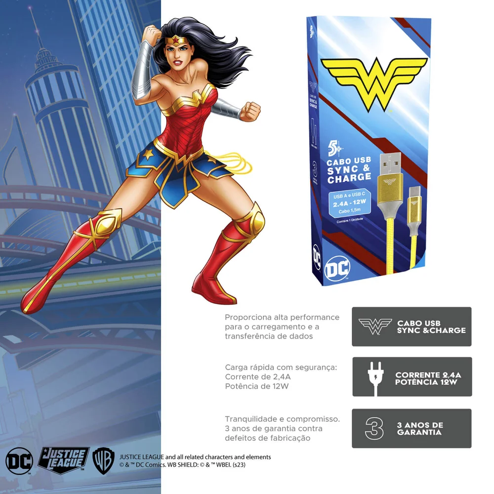 Imagem 3 de 5 do produto Cabo Turbo Usb P/ Usbc Mulher Maravilha Reforçado 5+018-0904